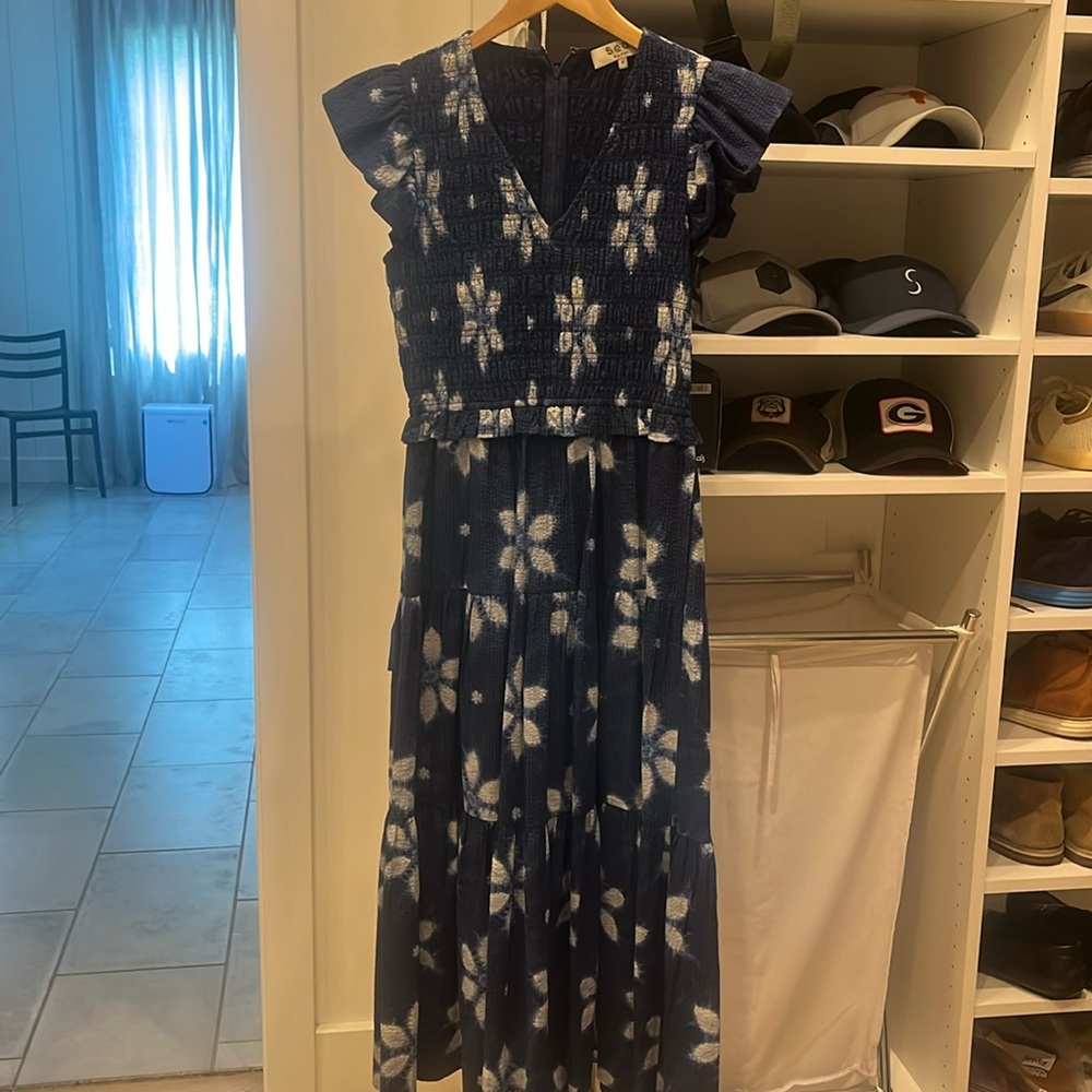 Sea Navy Isla Print Smocked Tiered Midi Dress Size 6 Excellent condition